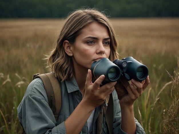 a woman is looking through binoculars with a camera in her hand