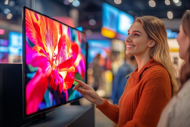 Photo a woman is looking at a tv screen with a flower on it