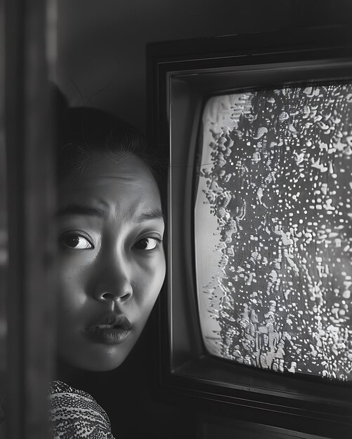 Photo a woman is looking at a tv with a black and white background