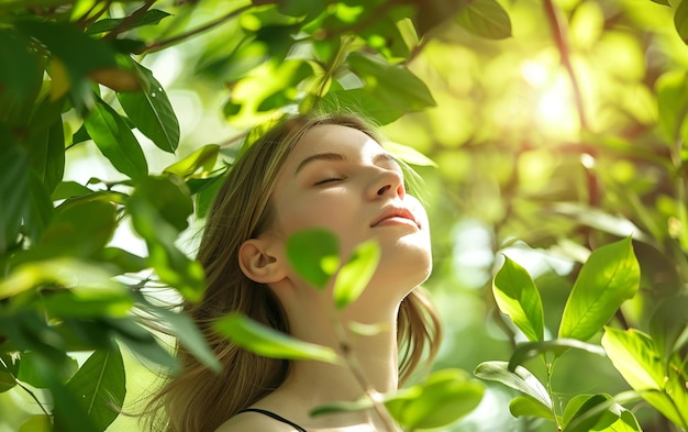 a woman is looking up in a tree with the sun shining through the leaves