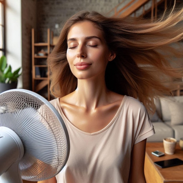 Photo a woman is looking up while she is looking up in front of a fan