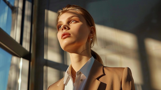 a woman is looking up in a window with the sun shining through her eyes