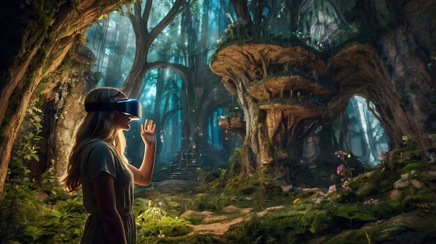 Photo a woman is looking at a virtual reality with a woman in a virtual virtual reality