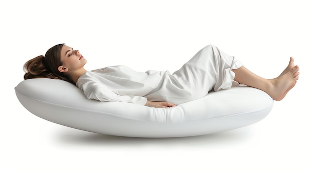 A woman is lying in a comfortable curved white pillow relaxing