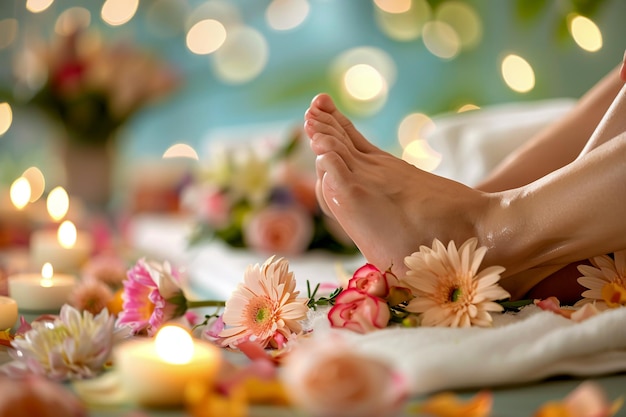 A woman is lying on her back getting her feet massaged in a spa with flowers and candles around