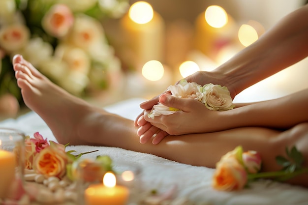 A woman is lying on her back getting her feet massaged in a spa with flowers and candles around