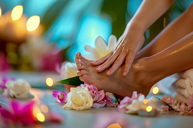 A woman is lying on her back getting her feet massaged in a spa with flowers and candles around