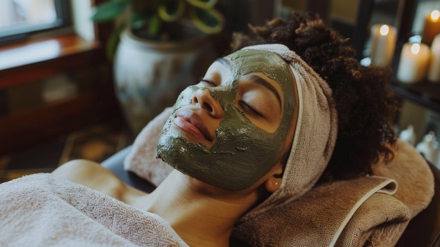 A woman is lying on a spa table with a facial mask on relaxed and with her eyes closed the image