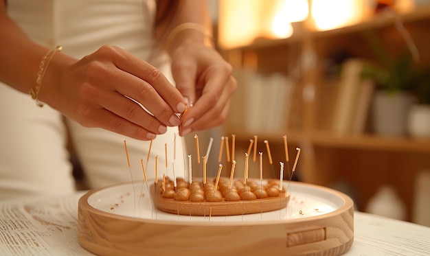 a woman is making a dessert with sticks on a plate