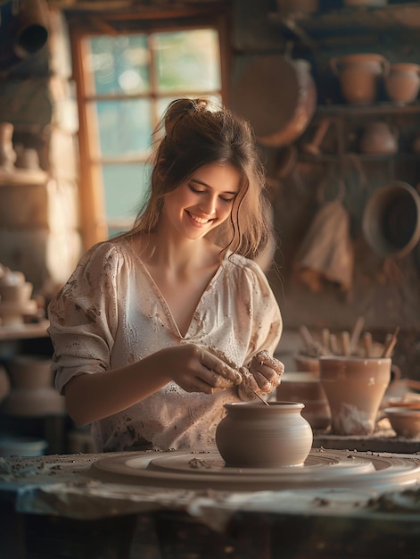 A woman is making a pottery piece in a studio