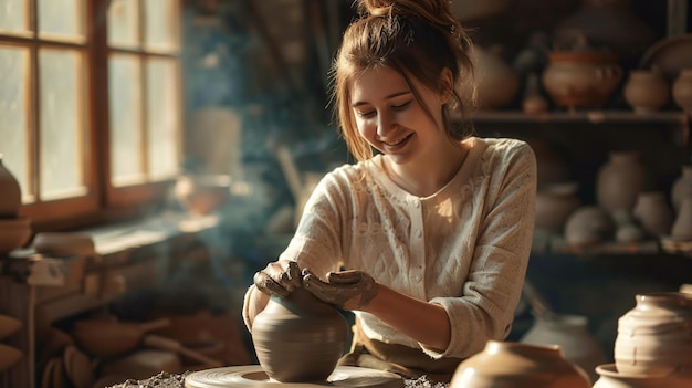 Photo a woman is making a pottery piece in a studio