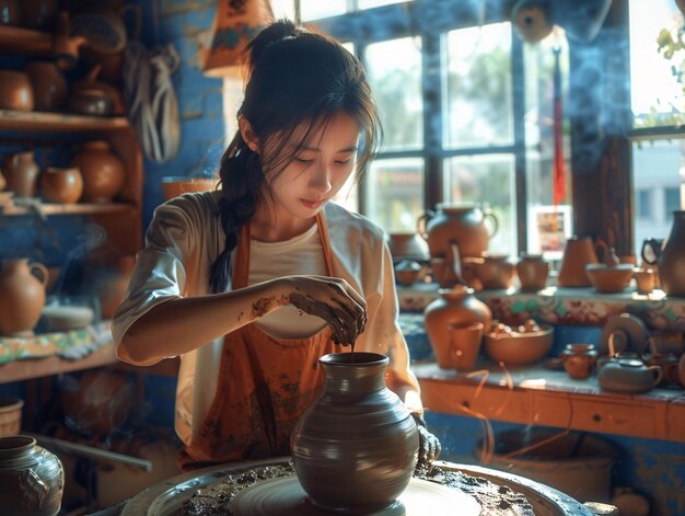 A woman is making a pottery piece in a studio