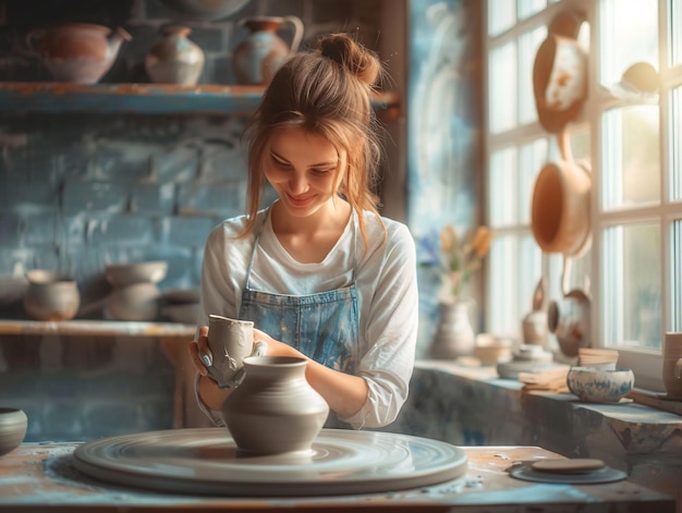 A woman is making a pottery piece in a studio