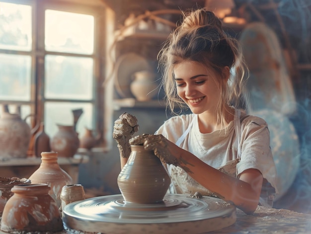 A woman is making a pottery piece in a studio