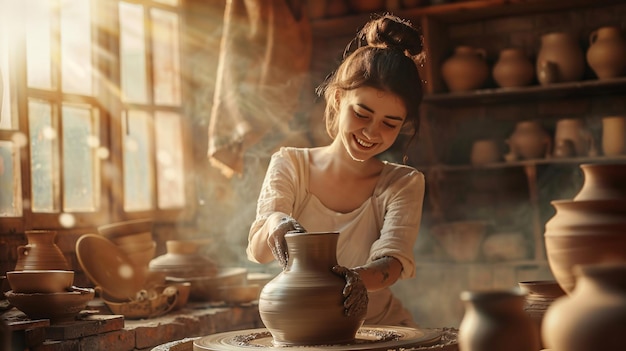 A woman is making a pottery piece in a studio