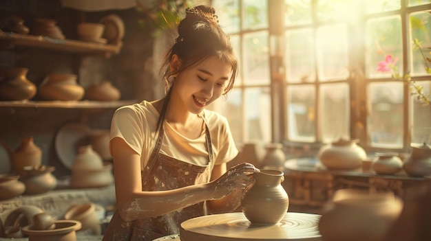 A woman is making a pottery piece in a studio