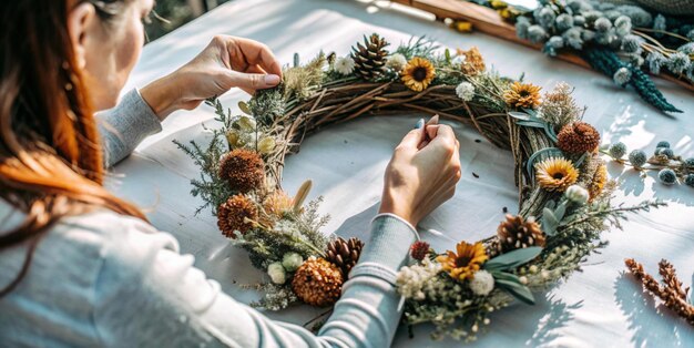 Photo a woman is making a wreath with pine cones and flowers