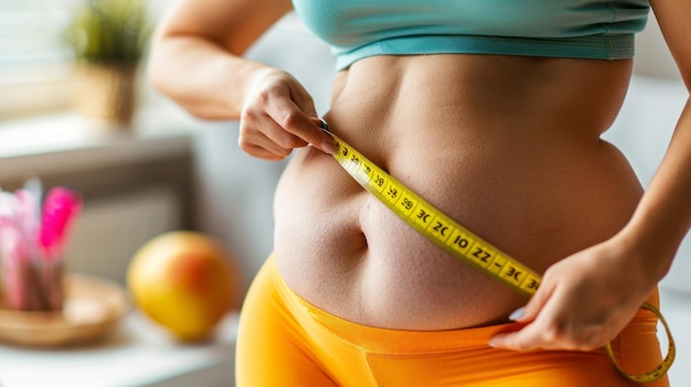 A woman is measuring her waist with a tape measure