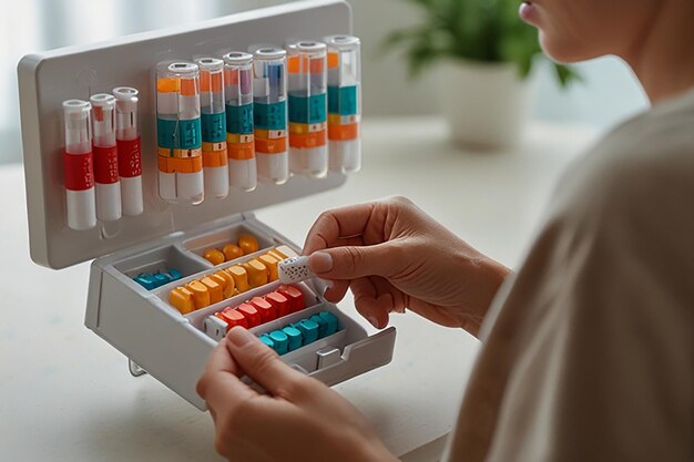 Photo a woman is opening a box of batteries in a refrigerator