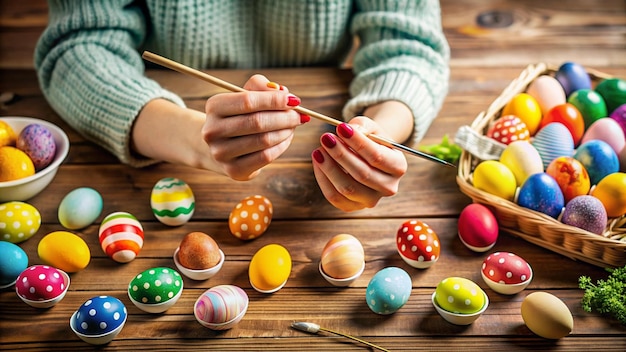 a woman is painting easter eggs with a brush