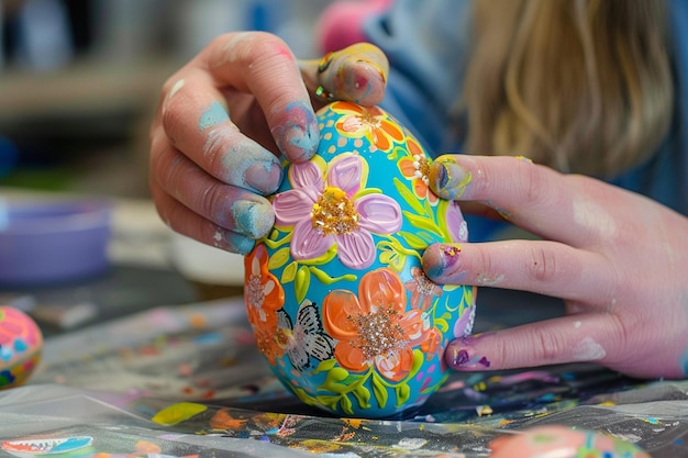 a woman is painting a flower on a ball with a painted hand