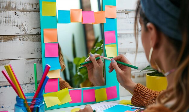 Photo a woman is painting a picture of a colorful paper with post it notes