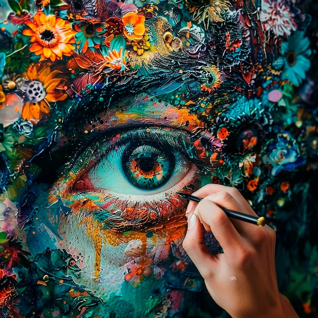 a woman is painting a portrait of a human eye