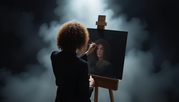 Photo a woman is painting a portrait of a woman in a dark room