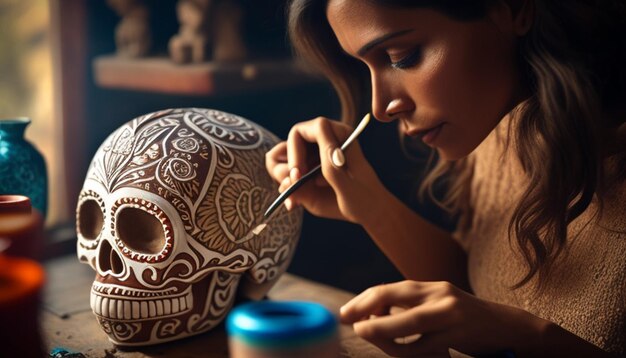 Photo a woman is painting a skull on a vase with a brush