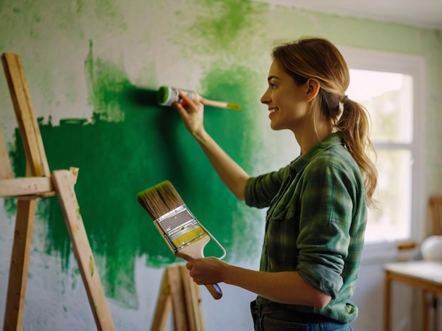 a woman is painting a wall with green paint on it