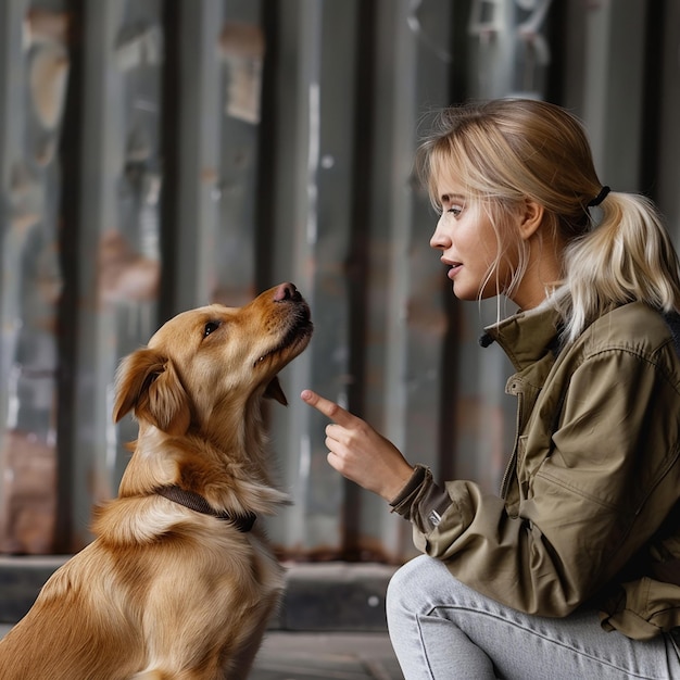 a woman is petting a dog and the dog is wearing a green jacket