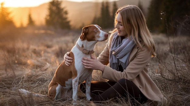 a woman is petting a dog in a field with the sun behind her