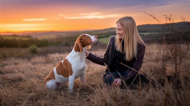 a woman is petting a dog in a field with the sunset behind her