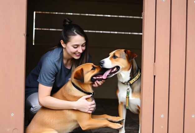 Photo a woman is petting two dogs in a doorway