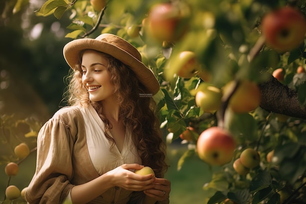 A woman is picking apples from a tree