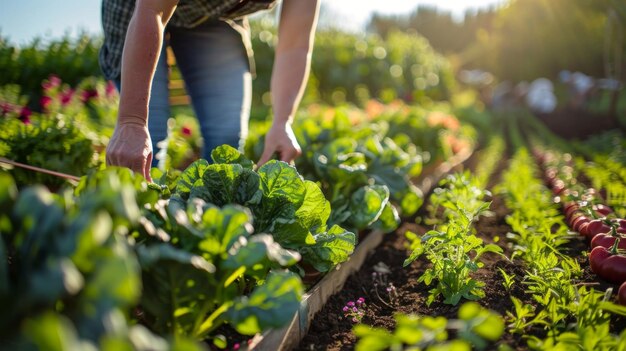 a woman is picking vegetables in a garden