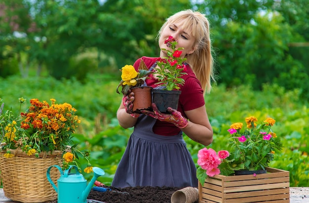 A woman is planting flowers in the garden Selective focus