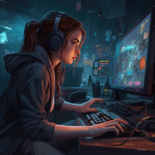 A woman is playing a game on a computer.