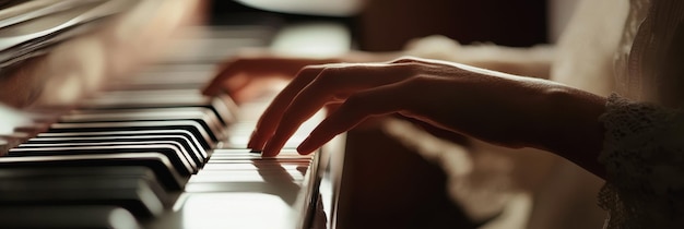 Photo a woman is playing on a keyboard with a glass of water