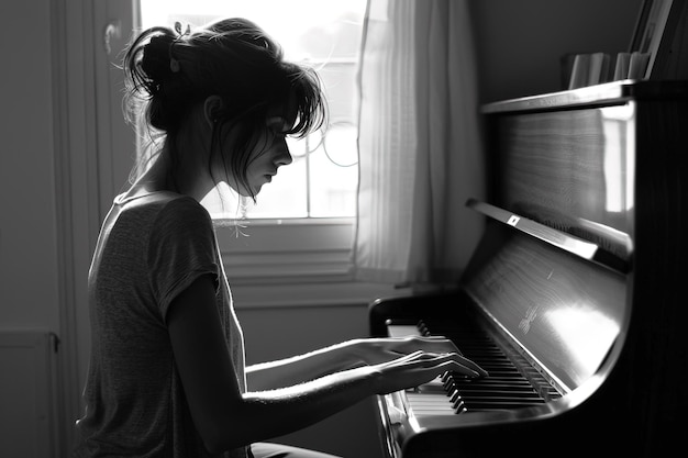 Photo a woman is playing a piano by a window