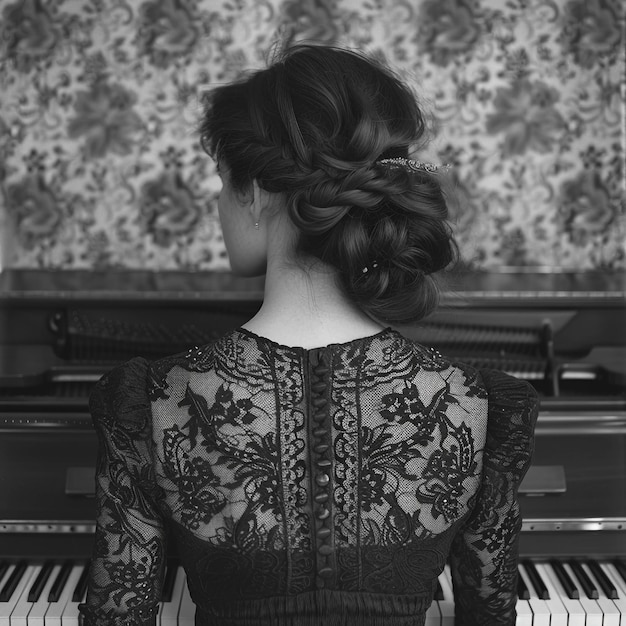 Photo a woman is playing a piano with a floral pattern on the back