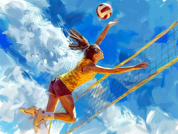 Photo a woman is playing volleyball in the water with a yellow shirt that says volleyball