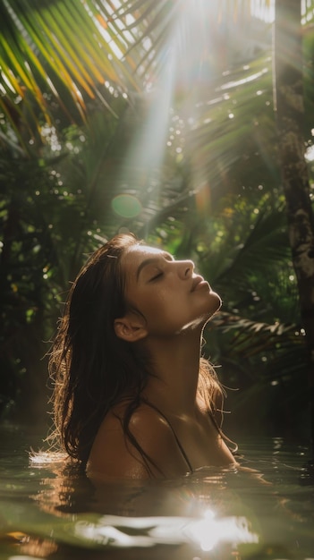 A woman is in a pool of water with her hair wet and her face looking up