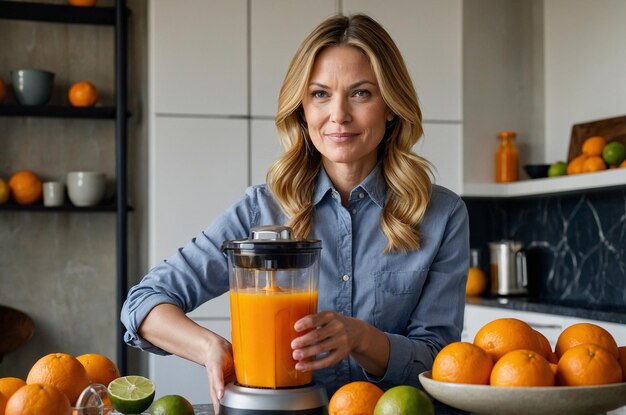 a woman is pouring a glass of orange juice into a blender