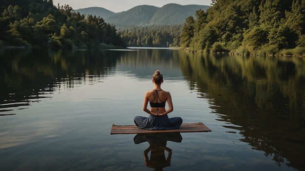 Photo a woman is practicing yoga on a mat in front of a lake