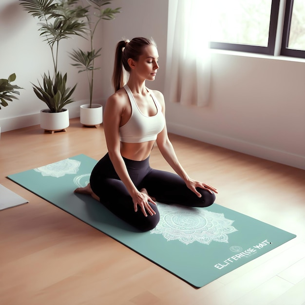 a woman is practicing yoga on a mat in a room with a plant and a plant in the corner