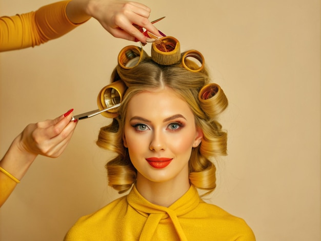 Photo a woman is in the process of getting her hair cut at a beauty salon