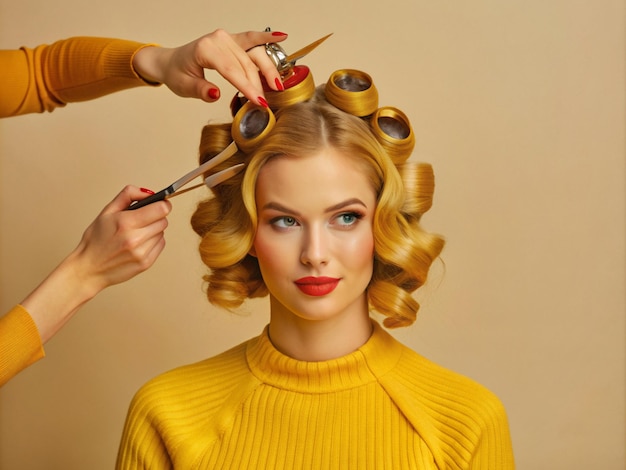 Photo a woman is in the process of getting her hair cut at a beauty salon