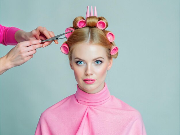 Photo a woman is in the process of getting her hair cut at a beauty salon