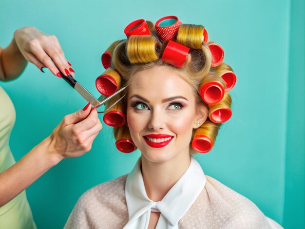 Photo a woman is in the process of getting her hair cut at a beauty salon